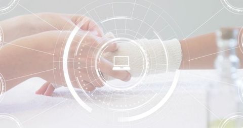 Caregiver wrapping child forearm with gauze bandage for first aid homecare dressing