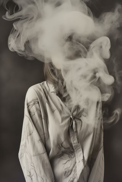 Woman with face covered by smoke on grey background, created using generative ai technology. Faceless person, anonymity and colour concept digitally generated image.