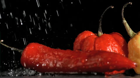 Splashing Water on Red Peppers in Slow Motion