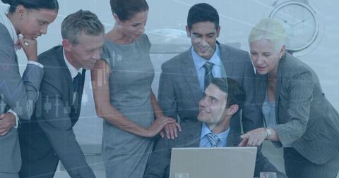 Executive team analyzing market data on laptop with financial chart overlay for strategy