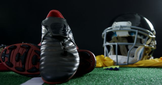 Close-up view of football gear on turf field features cleats and a helmet, emphasizing importance of quality equipment in football. Ideal for use in contexts highlighting sports safety, athletic preparation, and professional or amateur football. Great for sports equipment ads, sports safety campaigns, and sports gear stores.
