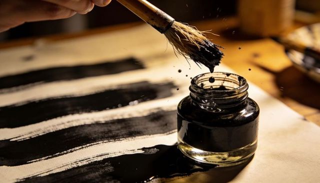 Dipping natural-bristle brush in black ink creating bold calligraphy strokes and splatters