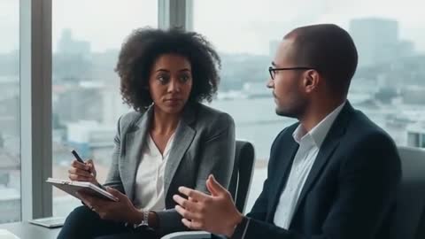 Executives Discussing Business Strategy in Windowed Highrise Office While Colleague Taking Notes