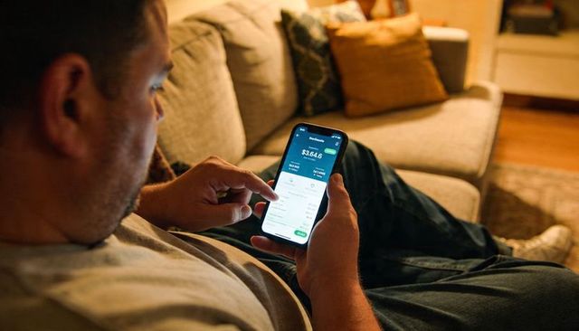 Man checking mobile banking app on sofa at night, relaxed personal finance at home