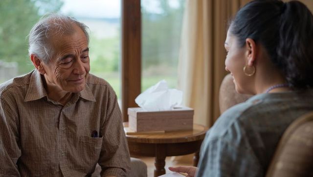Senior man reflecting and listening during heartfelt conversation with caregiver in cozy lounge
