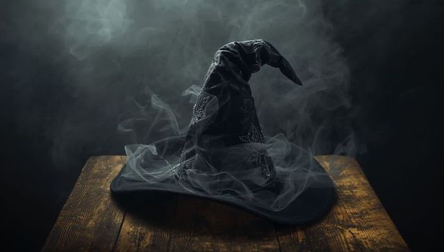 Misty black witch hat on wooden table in dim light