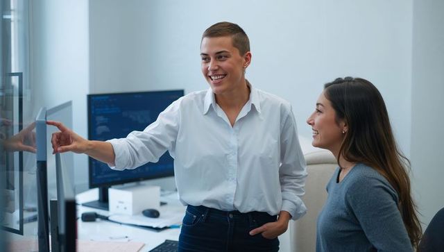 Young developers collaborating at workstation pointing at code on monitor and smiling