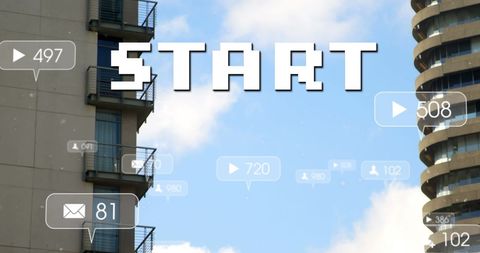 Cityscape with social media view count overlays