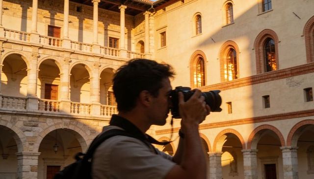 Traveler photographer capturing historic courtyard at golden hour with dslr telephoto lens