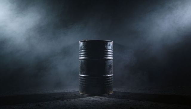 Standing Rusted Metal Drum in Dramatic Fog and Spotlight for Industrial Grunge Background