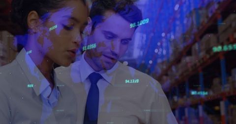 Business Professionals Analyzing Global Financial Data in Warehouse Context