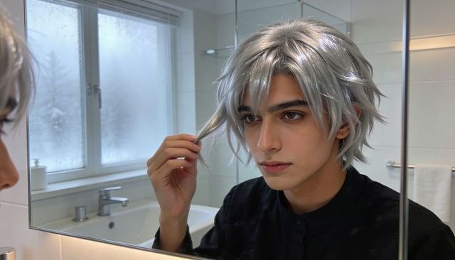 Young man adjusting silver wig in bathroom mirror, modern grooming and cosplay moment