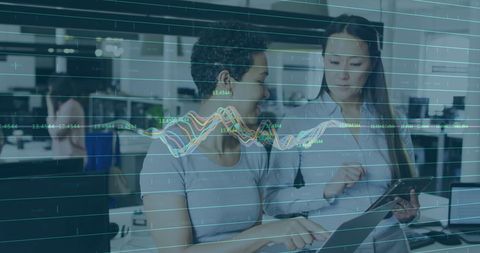 Business Analytics Overlay on Colleagues Discussing in Office