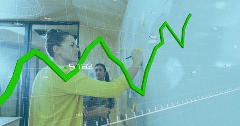 Office team analyzing growth trends with data visualization