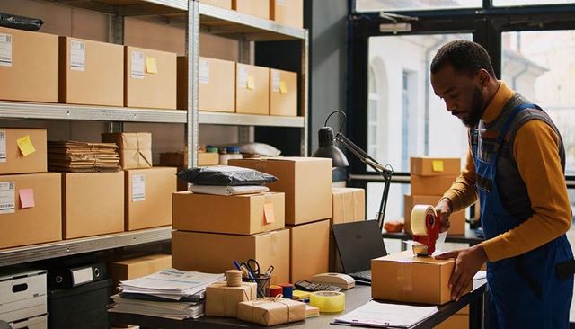 Warehouse Packer Sealing and Taping Shipping Boxes on Workbench with Laptop and Shelves
