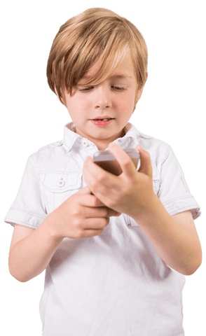 Caucasian Boy Engaging With Smartphone on Transparent Background