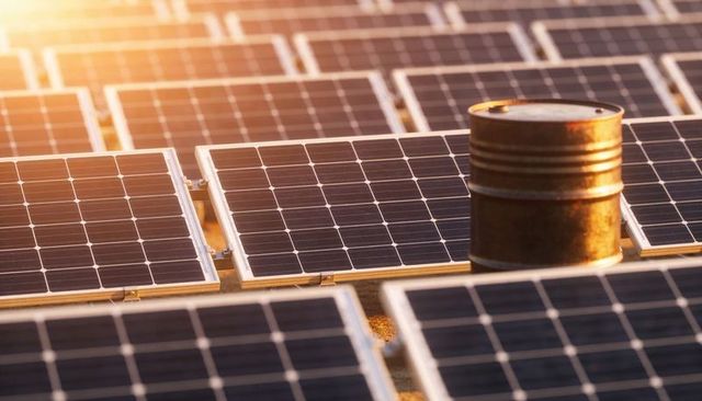 Rusty Barrel Contrasting Solar Panel Array at Sunrise on Arid Ground-Mounted Solar Farm