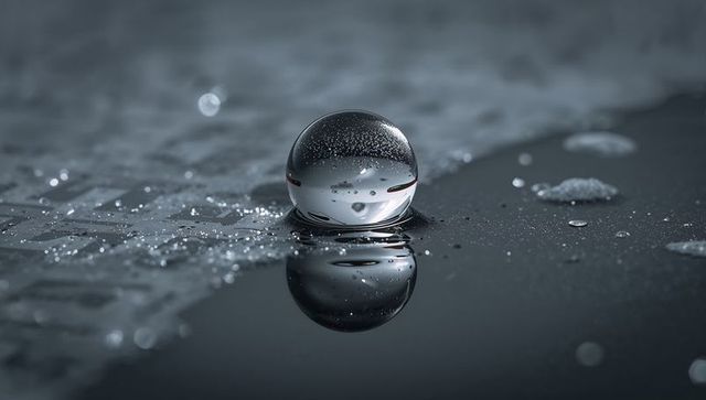 Macro crystal-clear water sphere reflecting microbubbles on dark glass with bokeh