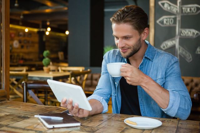 Smiling man using digital tablet while drinking coffee at cafe shop