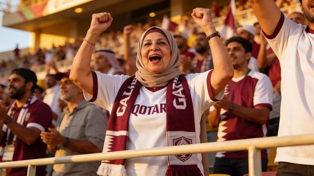 Cheering senior woman in hijab celebrating at stadium with maroon qatar fan scarf