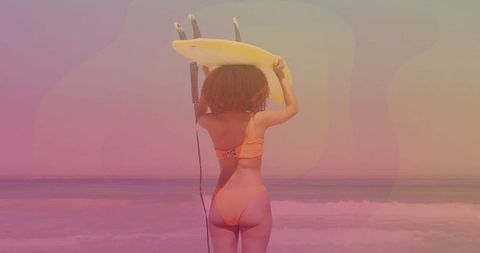 Woman in Orange Bikini Holding Surfboard at Colorful Beach Sunset