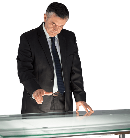 Mature businessman using transparent interactive desk for technology presentation