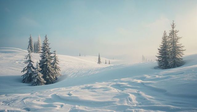 Majestic Evergreen Trees on Snowy Landscape During Sunrise