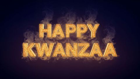Glittering Gold HAPPY KWANZAA Typography Glowing with Smoky Haze and Sparkling Halo