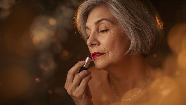 Applying classic red lipstick by elegant mature woman with silver hair and necklace
