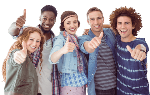 Diverse group of fashion students giving thumbs up in transparent background
