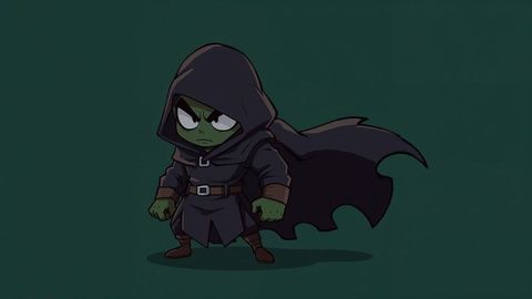 Simplistic goblin assassin character in hood standing firm