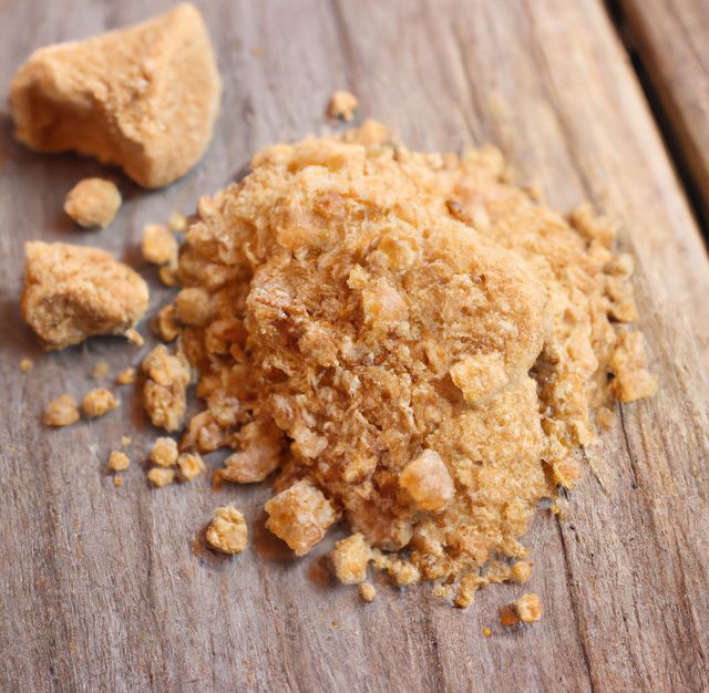 This image shows crumbled pieces of jaggery, a traditional and natural sweetener, placed on a rustic wooden surface. The texture and color highlight its unrefined nature. Suitable for use in articles and blogs about healthy eating, natural sweeteners, traditional foods, or recipes that involve using organic sweeteners instead of refined sugar.