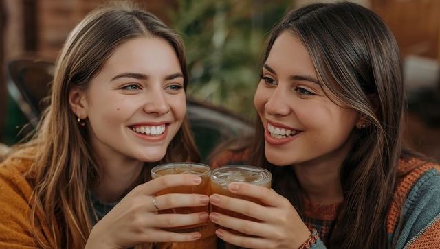 Two women socializing in cafe over drinks
