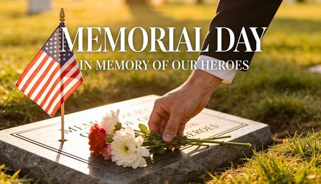 Memorial day tribute: hand placing flowers on grave marker with american flag