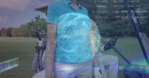 Woman Golfing with Digital Overlay Symbolizing Virtual Connectivity