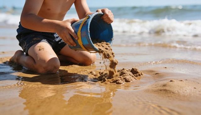 Child pouring sand with blue bucket on sunny beach kneeling at shoreline sand play summer