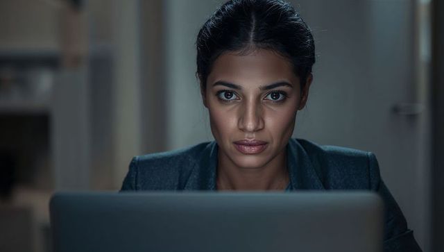 Focused south asian woman working late on laptop at office desk