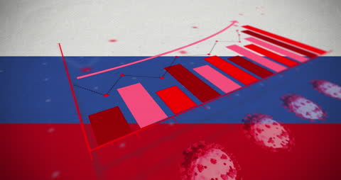 Financial Data and Virus Cells Over Russian Flag Background