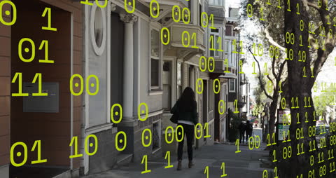 Binary Code Overlay City Street Scene Technology Concept
