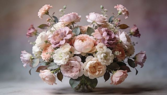 Pastel rose peony centerpiece in glass vase vintage romantic floral arrangement