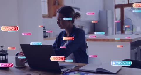 Woman Engaged in Online Tasks with Digital Search Icons Overlay