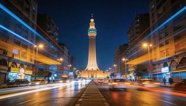 Ornate illuminated minaret anchoring bustling night boulevard with vibrant light trails