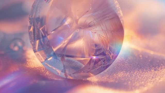 Faceted crystal sphere reflecting pastel light with prismatic bokeh