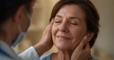 Doctor Examining Senior Woman's Jaw for Health Assessment