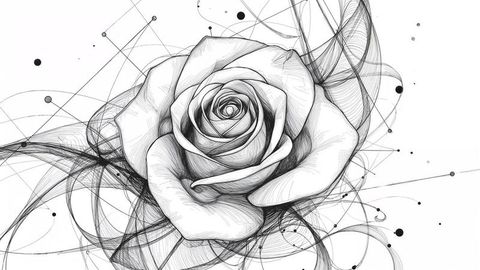 Intricate line-art rose drawing with geometric elements