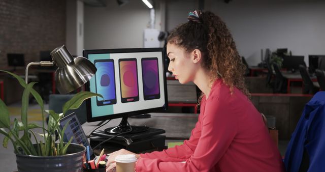 Young Woman Designer Working on Mobile Application at Office Desk - Download Free Stock Images Pikwizard.com