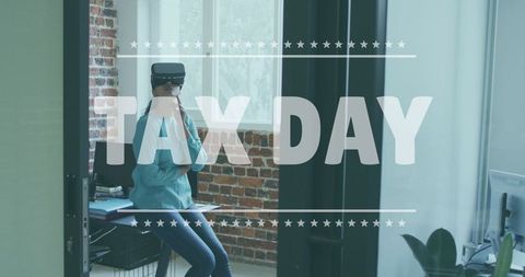 Businesswoman Using VR Headset for Tax Day Preparations in Office