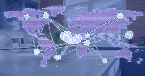 Holographic global network overlay projecting connected avatars over modern workspace