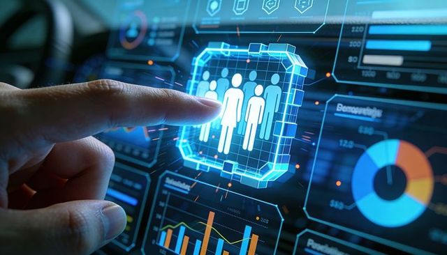Finger Selecting Holographic User Group on Futuristic Analytics Dashboard with Charts
