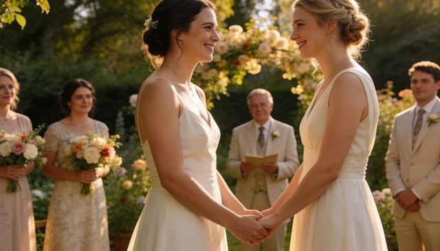 Two brides holding hands in garden wedding ceremony at golden hour